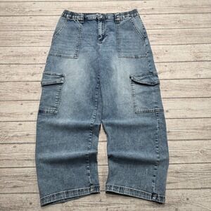 Madden Girl Carpenter Jeans Women's 32 Blue Wide Leg Cargo Baggy Fit High Rise